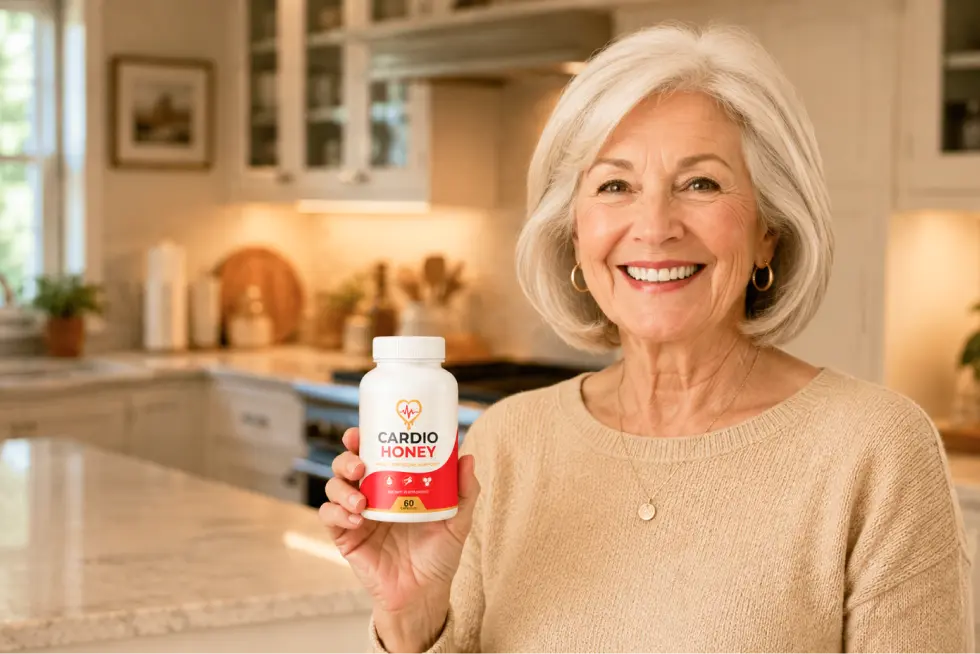 Smiling woman holding a bottle of Cardio Honey