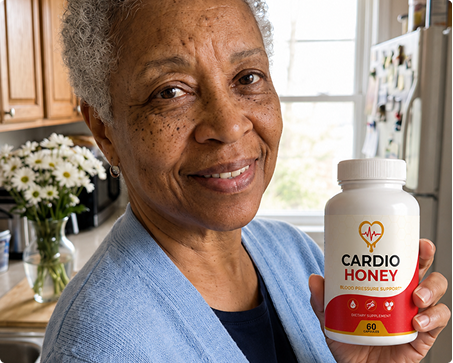Jennifer holding a bottle of Cardio Honey in her kitchen