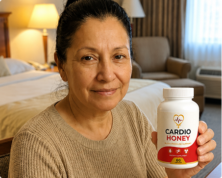 Laura holding a bottle of Cardio Honey in her bedroom