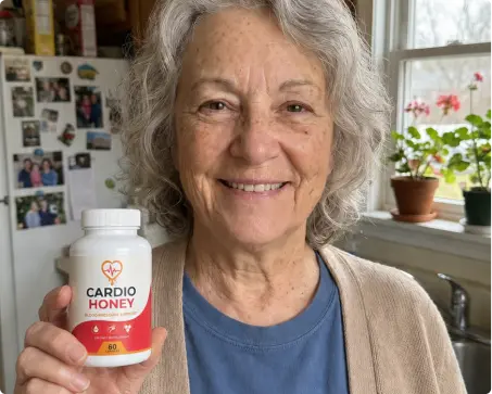 Emily holding a bottle of Cardio Honey in her kitchen