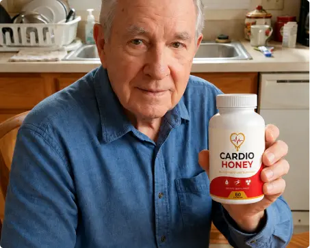 James holding a bottle of Cardio Honey in his kitchen